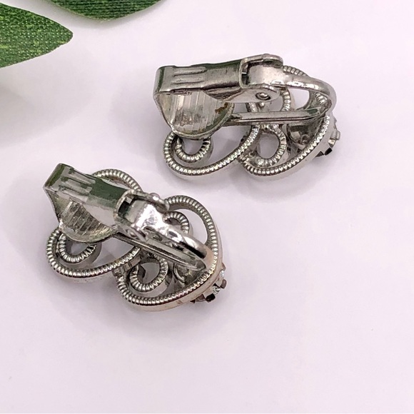 Vintage Delicate Romantic Filigree Rhinestone Clip On Earrings Silver Tone Sweet - Picture 7 of 11